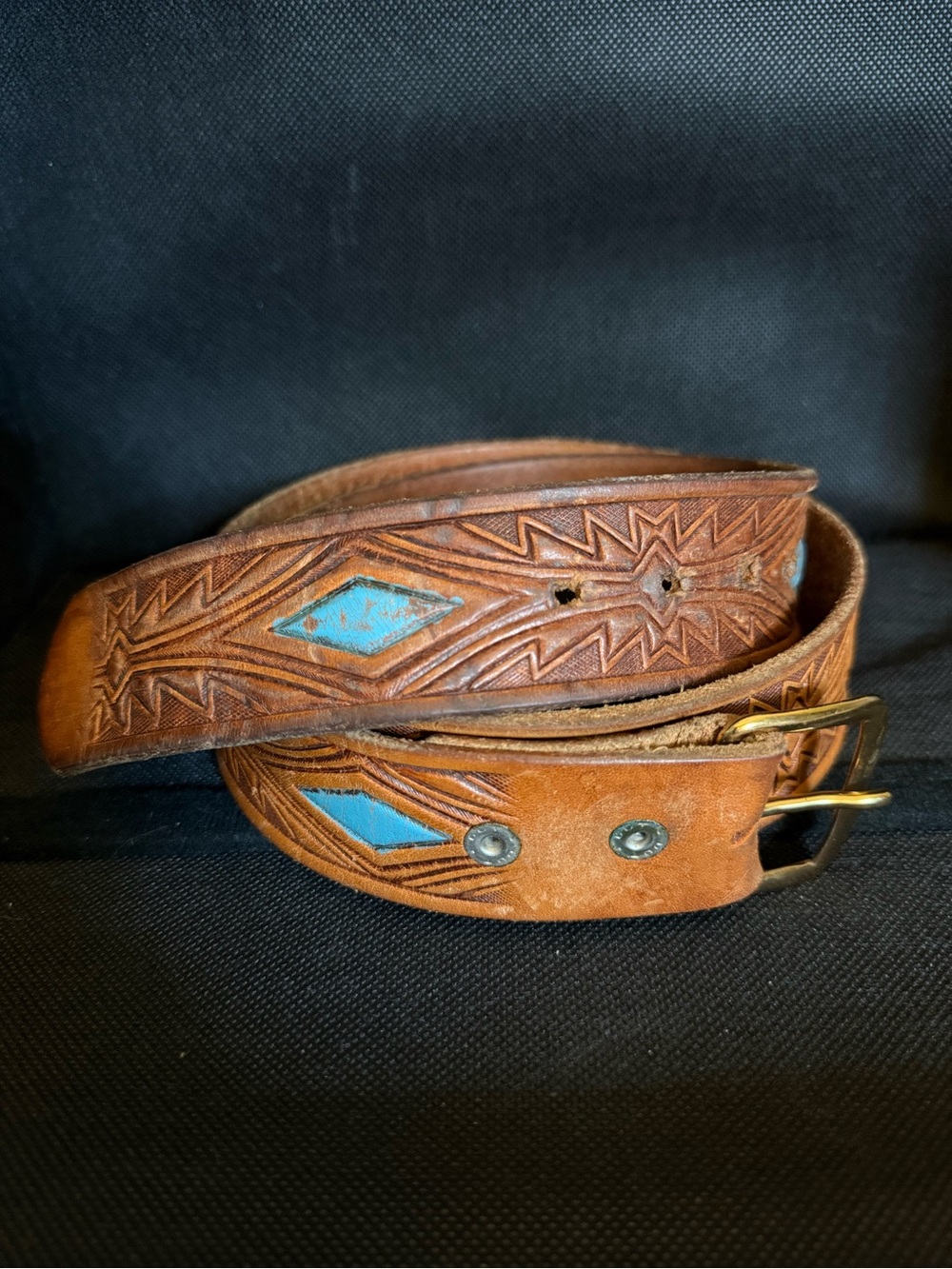 Vintage Brown Top Grain Leather Western Belt Hand-Tooled Geometric Design J-30